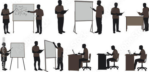 Education silhouettes, teacher student interaction, whiteboard presentation, flip chart, laptop desk, academic scene, black vector icons, learning poses, office training