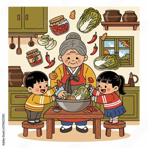 Vector illustration of small Korean children learning to make kimchi with their grandmother