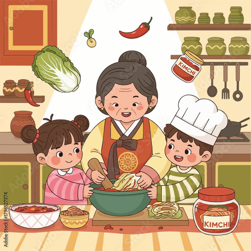 Vector illustration of small Korean children learning to make kimchi with their grandmother