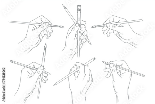 Illustrations of hands holding and manipulating pencils and pens