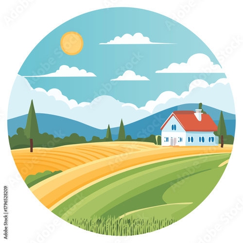 Idyllic Countryside Scene with House, Fields, and Distant Mountains.
