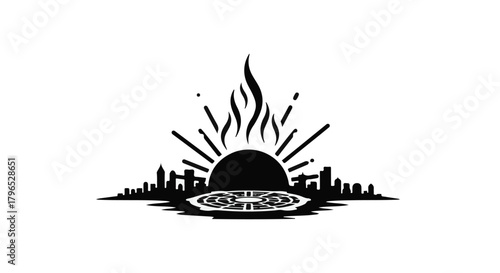 Symbolic sunrise over a city skyline with glowing eyes