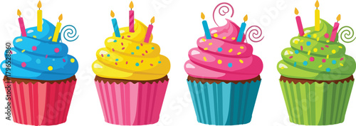 Four colorful cupcakes with lit candles, arranged in a row, ready for celebration.