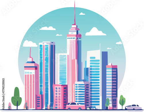 Modern city skyline with colorful skyscrapers illustration.