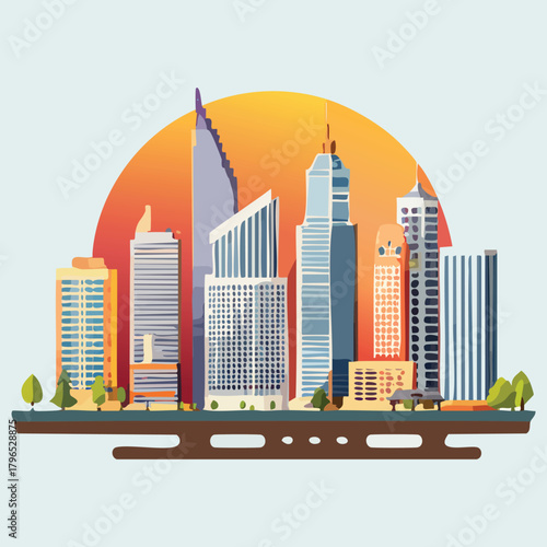 Modern city skyline with tall skyscrapers vector illustration.