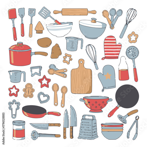 Kitchen Utensil Set Vector Illustration, Collection of Frying Pan, Cutting Board, Grater, Wok, and Other Cooking Tools and Kitchenware