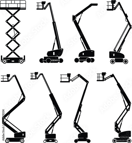 Aerial Work Platform Silhouettes, Boom and Scissor Lift Vector, Industrial Equipment Icons, Construction Access Machines, Mobile Elevating Design Set