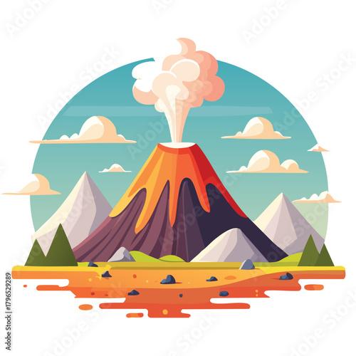 Volcano Erupting With Smoke And Lava Flowing Downside.