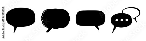 Set of four distinct black speech bubbles with different shapes and tails for communication concepts