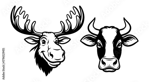 Moose and cow head illustration