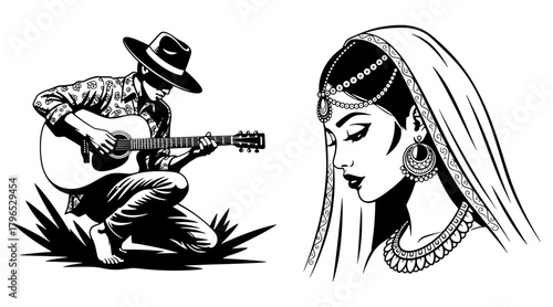 Vector Illustration of musician and woman in traditional attire