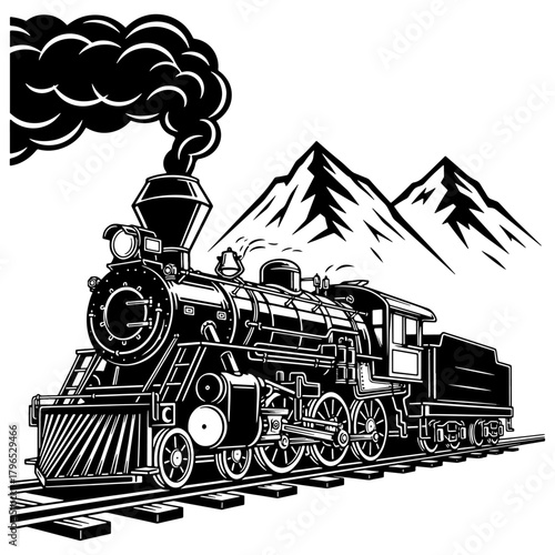 Train steam locomotive with mountains