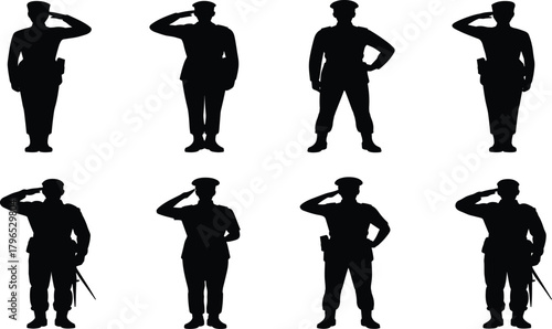 Military silhouette, salute gesture, black graphic, vector illustration, uniformed personnel, armed forces, respect pose, soldier stance, honor, disciplineMilitary silhouette, salute gesture