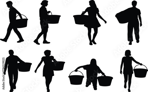 Laundry basket silhouette, black graphic, vector illustration, household chore, cleaning gesture, carrying pose, domestic task, human movement, posture iconLaundry basket silhouette,