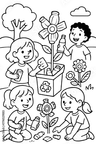 Kids Recycling Plastic Bottles and Trash to Create a Flower, Eco-Friendly Activity Coloring Page