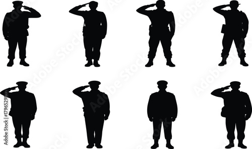 Military silhouette, salute gesture, black graphic, vector illustration, uniformed personnel, discipline icon, armed forces, respect pose, soldier stance, honorMilitary silhouette, 