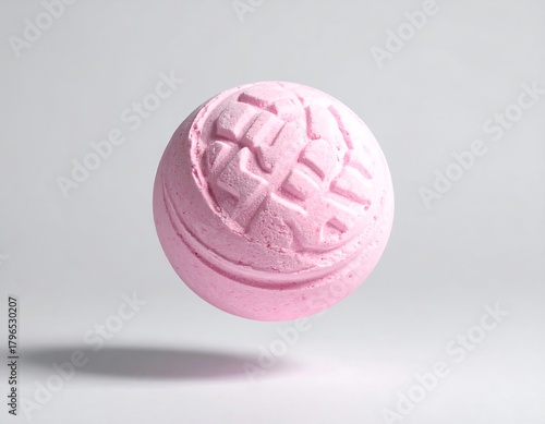Pink, spherical bath bomb featuring carved pattern, floating above surface