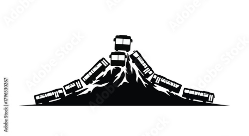 Creative illustration of buses climbing a mountain peak, symbolizing ambition and journey