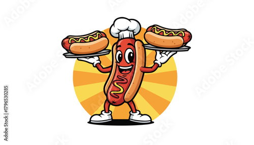 A cartoon hot dog character, wearing a chef's hat, holding two plates of hot dogs.