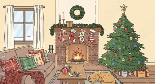 A cozy living room with a decorated Christmas tree and stockings hanging on a fireplace, vector illustration