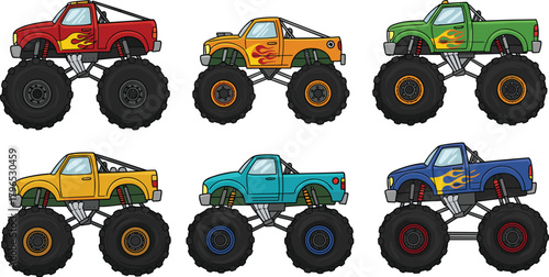 Cartoon monster trucks, colorful flame designs, kids vehicle illustration, playful transport art, oversized tires, fun racing cars, children’s truck clipart