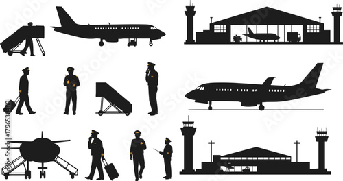 Airport silhouettes, airplane icons, pilot staff, control tower, boarding stairs, aviation scene, black vector, travel infrastructure, air transport, white background