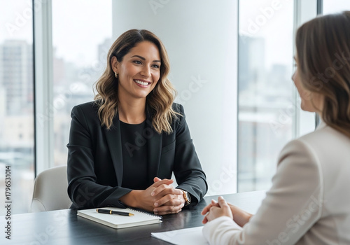 Two women in a business meeting, one interviewing the other in a modern office