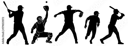 Baseball player silhouettes in action