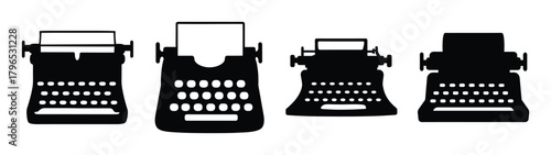 Four vintage typewriters lined up together retro writing machine collection for content creation