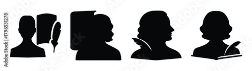 Historical figures silhouettes with quill pens and books symbolizing authorship and writing