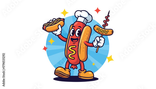 Cartoon hotdog character wearing a chef's hat, holding a hotdog in one hand and a sausage skewer in the other, set against a blue radial background.