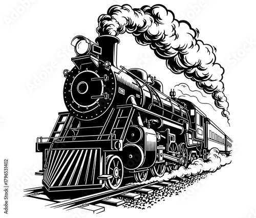 black and white steam train on tracks clip art preview