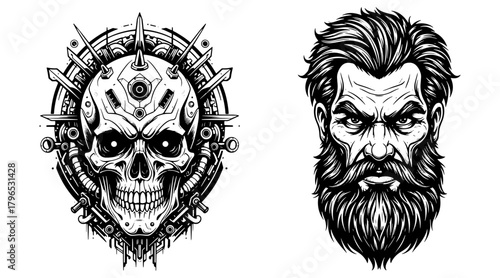 Skull cyberpunk and bearded man illustrations