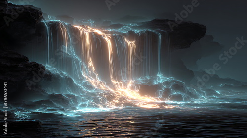 Data stream waterfall pouring into digital abyss, neon streams flowing off cliff, dark background, strong rim light, illustration style.