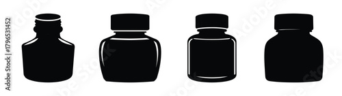 Four distinct black ink bottles with caps presented in a row