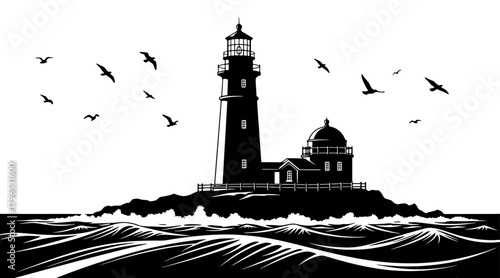Lighthouse on island with ocean waves