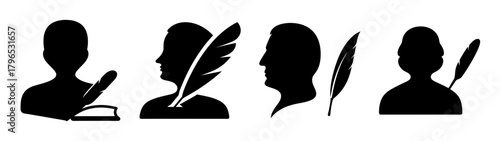Collection of black icons featuring people writing with quills and pens
