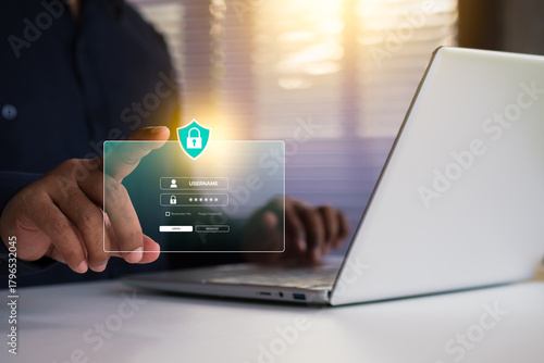 Quadro em tela Cyber security, Hand touch digital interface padlock