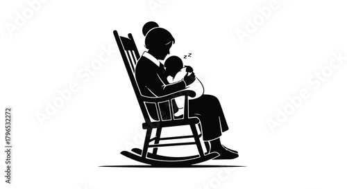 Gentle silhouette of grandmother holding sleeping baby in rocking chair, conveying warmth and peace