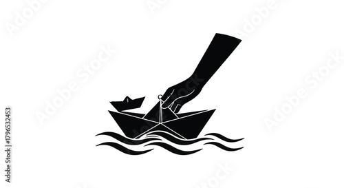 Guiding a small paper boat with a helping hand on gentle waves