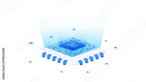 Artificial intelligence chip isometric vector illustration. chip machine technology, computer electronics and AI systems landing page template.