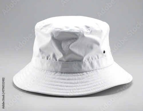 Plain white, casual summer hat with a classic bucket shape on gray backdrop