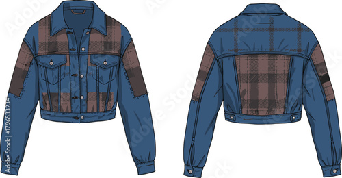 Cropped denim jacket, plaid pattern, fashion illustration, stylish outerwear, garment sketch, trendy apparel, technical drawing, layered textures, casual chic