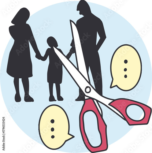 Broken Family Concept with Scissors and Silhouette. Symbolizing divorce, family conflict, emotional separation, or broken relationships. Perfect for psychology, counseling, and relationship themes.