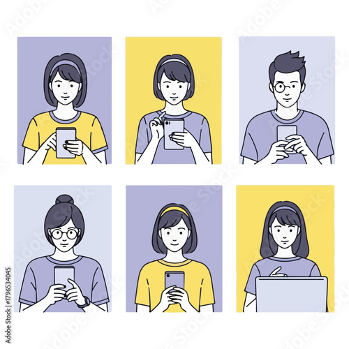 People with Devices Vector Set, Male and Female Characters Using Smartphone and Laptop, Internet Browsing and Social Media Surfing, Business Doodle Illustration Concept