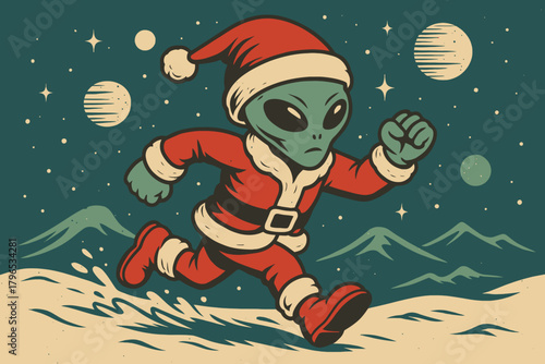 Intergalactic Santa Dash: Retro Alien Christmas Illustration