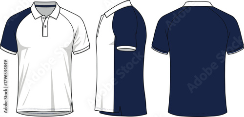 Men’s polo shirt illustration, front view, side view, back view, fashion sketch, color block design, apparel template, garment mockup