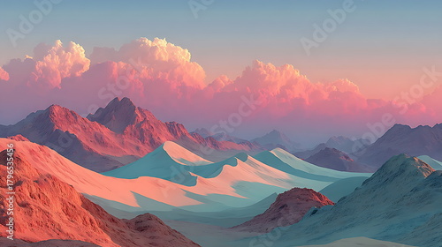 Desert sand dunes shaped like sound waves under a pastel sunrise sky, minimal texture, serene illustration.