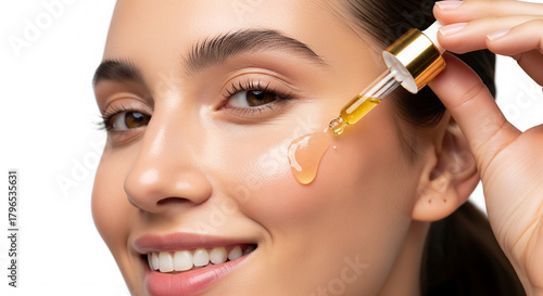 Woman Applying Facial Serum with Dropper to Her Cheek for Skincare Routine