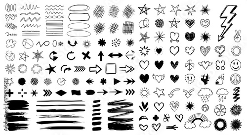 A diverse collection of hand-drawn doodle elements with scribbles, arrows, hearts, stars, and abstract shapes isolated on a white background